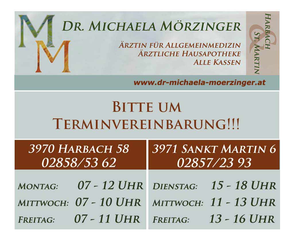 Dr. Michaela Mörzinger<br />
Öffnungszeiten<br />
Bitte um Terminvereinbarung!